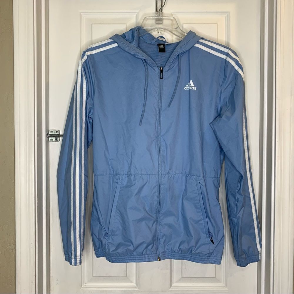 Adidas Windbreaker Jacket Light Blue Athletic Zip Front Size Large